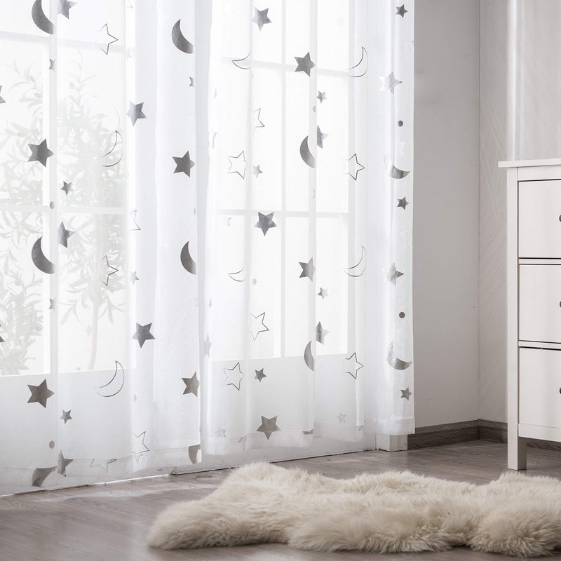 SEEKRIGHT Twinkle Moon Curtains Sheer Silver for Baby Nursey Room - Grommet Star and Moon Lace Curtains for Living Room 84 Inch Length, Set 2 Panels - Image 3